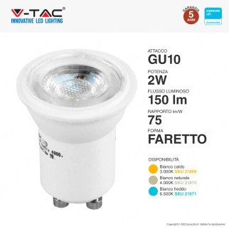V-Tac VT-232 Lampadina LED GU10 2W Faretto Spotlight MR11 SMD