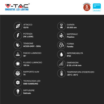 V-Tac VT-232 Lampadina LED GU10 2W Faretto Spotlight MR11 SMD