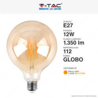 V-Tac VT-2153 Lampadina LED E27 12W Bulb G125 Globo Filament