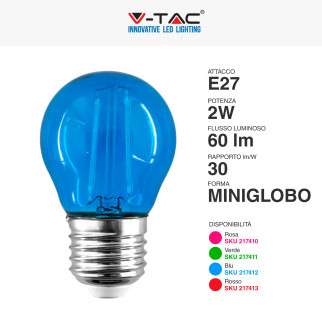 V-Tac VT-2132 Lampadina LED E27 2W Bulb G45 MiniGlobo Filament Vetro Colorato - SKU 217410 / 217411