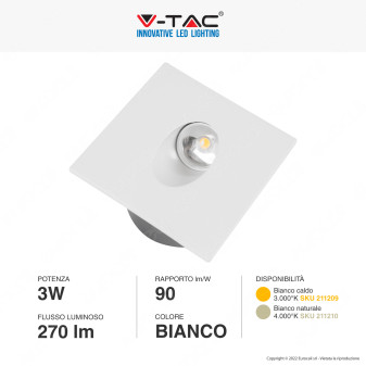 V-Tac VT-1109SQ Punto Luce LED COB 3W Segnapasso Quadrato da