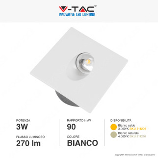 V-Tac VT-1109SQ Punto Luce LED COB 3W Segnapasso Quadrato da