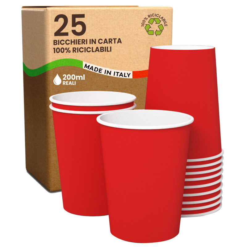 Bicchieri in Carta Riciclabile Colore Rosso da 200ml - Confezione da 25 Bicchieri