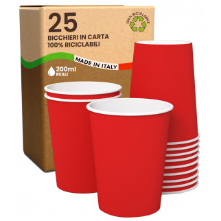 Bicchieri in Carta Riciclabile Colore Rosso da 200ml - Confezione da 25 Bicchieri