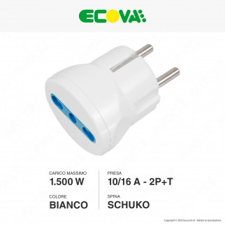 Ecova Adattatore Singolo Spina Standard Franco/Tedesco Schuko Presa Bipasso 10/16A 2P+T Colore
