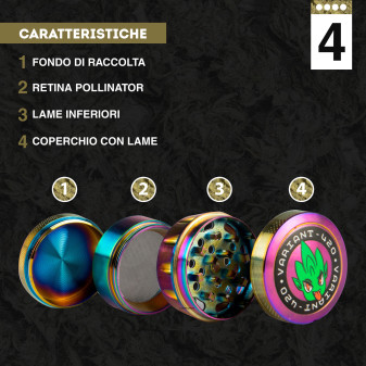 Grinder Tritatabacco 4 Parti in Metallo Variant-420 Colore Rainbow con Rilievi ed Incisioni