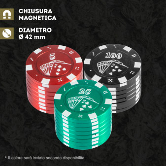 Grinder Tritatabacco 3 Parti in Metallo Poker Chips Colore Nero Rosso o Verde