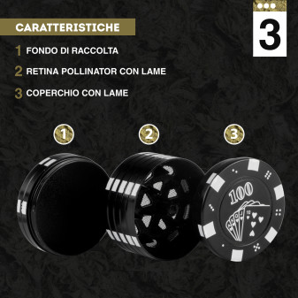 Grinder Tritatabacco 3 Parti in Metallo Poker Chips Colore Nero Rosso o Verde