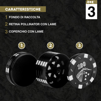 Grinder Tritatabacco 3 Parti in Metallo Poker Chips Colore Nero Rosso o Verde