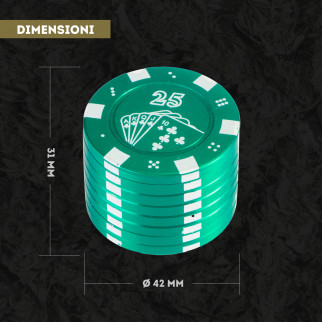 Grinder Tritatabacco 3 Parti in Metallo Poker Chips Colore Nero Rosso o Verde