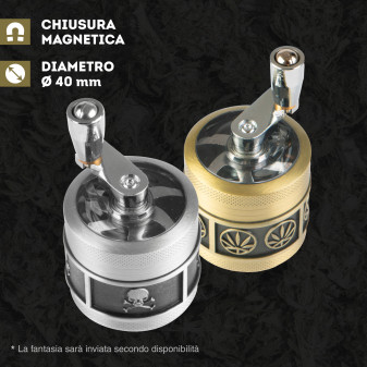 Champ High Grinder Tritatabacco 3 Parti in Metallo Skull and Leaf con Manovella e Coperchio
