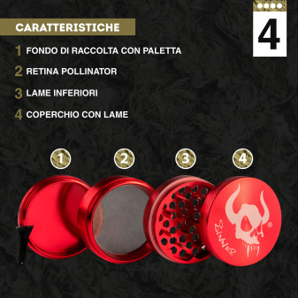 Grinder Tritatabacco 4 Parti in Metallo Sinner Colore Rosso