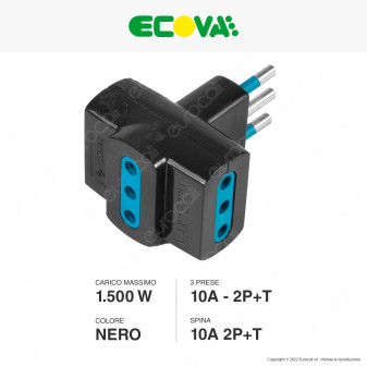Ecova Adattatore Triplo con Spina 10A 2P+T e 3 Prese 10A 2P+T Colore Nero - mod. 33040