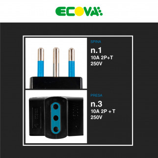 Ecova Adattatore Triplo con Spina 10A 2P+T e 3 Prese 10A 2P+T Colore Nero - mod. 33040