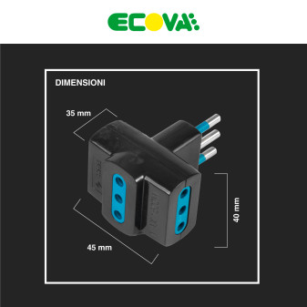 Ecova Adattatore Triplo con Spina 10A 2P+T e 3 Prese 10A 2P+T Colore Nero - mod. 33040