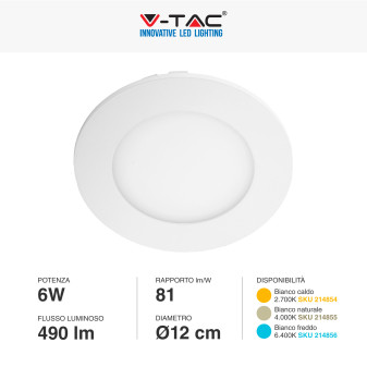 V-Tac VT-607-RD Pannello LED Rotondo 6W SMD da Incasso con