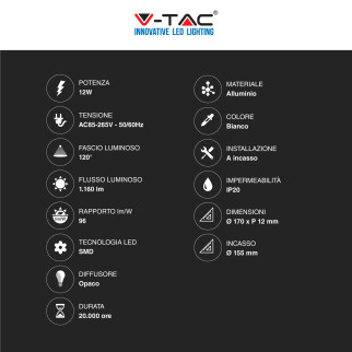 V-Tac VT-1207-RD Pannello LED Rotondo 12W SMD da Incasso con