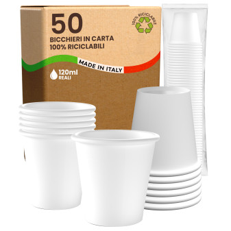 Bicchieri in Carta Riciclabile Colore Bianco da 120ml - Confezione da 50 Bicchieri
