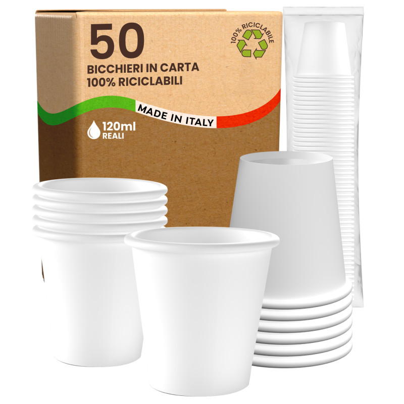 Bicchieri in Carta Riciclabile Colore Bianco da 120ml - Confezione da 50 Bicchieri