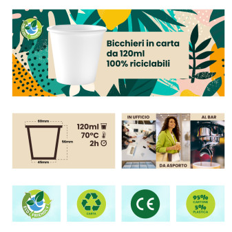 Bicchieri in Carta Riciclabile Colore Bianco da 120ml - Confezione da 50 Bicchieri