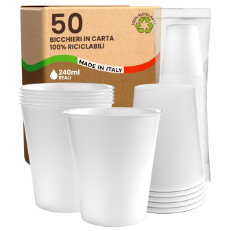 Bicchieri in Carta Riciclabile Colore Bianco da 240ml - Confezione da 50 Bicchieri