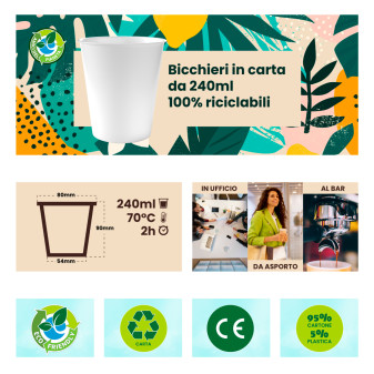 Bicchieri in Carta Riciclabile Colore Bianco da 240ml - Confezione da 50 Bicchieri