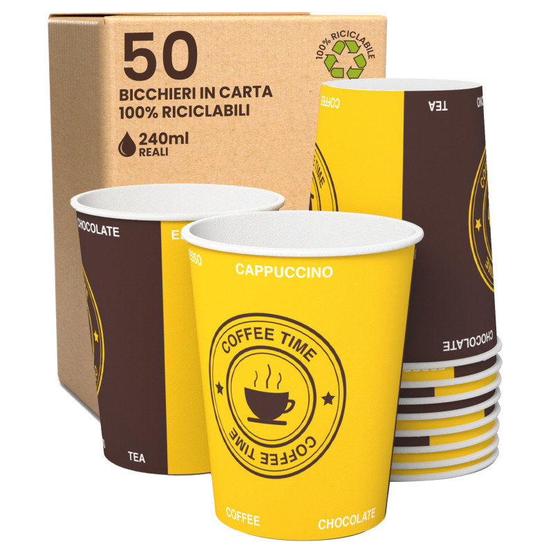 Bicchieri in Carta Riciclabile Colore Giallo e Marrone da 240ml - Confezione da 50 Bicchieri