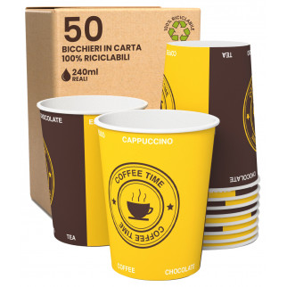 Bicchieri in Carta Riciclabile Colore Giallo e Marrone da 240ml - Confezione da 50 Bicchieri