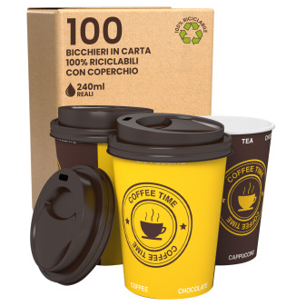 Bicchieri in Carta Riciclabile Colore Giallo e Marrone da 240ml con Coperchi per Asporto -