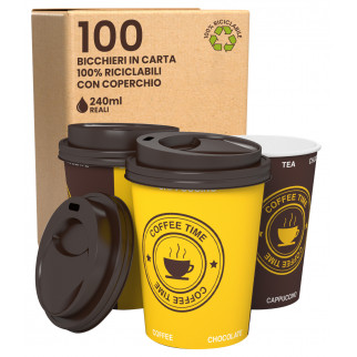Bicchieri in Carta Riciclabile Colore Giallo e Marrone da 240ml con Coperchi per Asporto -