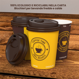 Bicchieri in Carta Riciclabile Colore Giallo e Marrone da 240ml con Coperchi per Asporto -