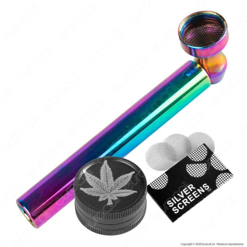 Champ High Pipa a Tubo in Metallo Colore Rainbow + Grinder Tritatabacco 2 Parti in Metallo Colore