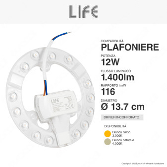 Life Modulo LED Circolina 12W SMD Ø137mm a Disco per Plafoniere