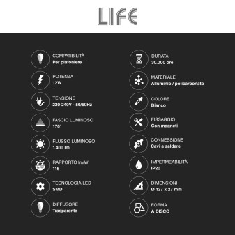 Life Modulo LED Circolina 12W SMD Ø137mm a Disco per Plafoniere