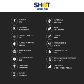 Bot Lighting Shot Faro LED Floodlight 20W SMD IP65 Nero - mod. AKRON20NLV