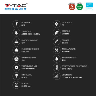 V-Tac VT-120136 Tubo LED Plafoniera 36W Lampadina Chip Samsung