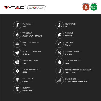 V-Tac Evolution VT-1532 Tubo LED Plafoniera 32W Lampadina SMD