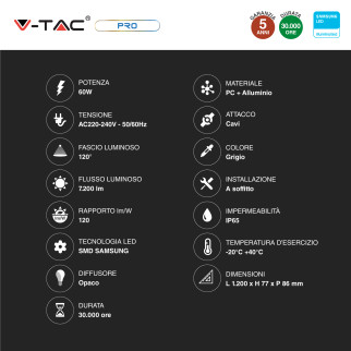V-Tac Pro VT-160 Tubo LED Plafoniera 60W Lampadina Chip Samsung