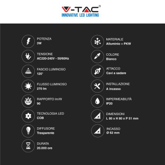 V-Tac VT-1109SQ Punto Luce LED COB 3W Segnapasso Quadrato da