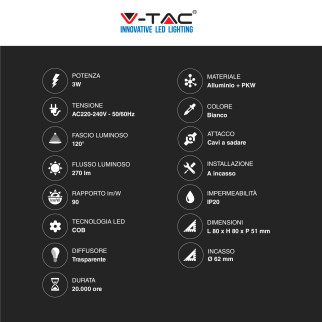 V-Tac VT-1109SQ Punto Luce LED COB 3W Segnapasso Quadrato da