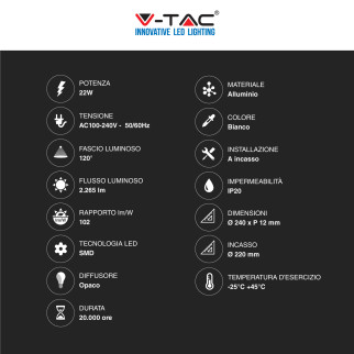 V-Tac VT-2207 Pannello LED Rotondo 22W SMD da Incasso con