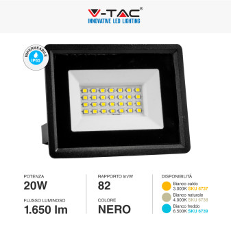 V-Tac VT-4924 Faro LED Floodlight 20W SMD IP65 Colore Nero -