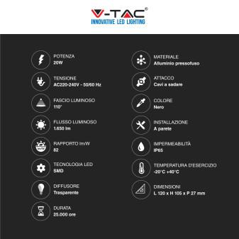 V-Tac VT-4924 Faro LED Floodlight 20W SMD IP65 Colore Nero -