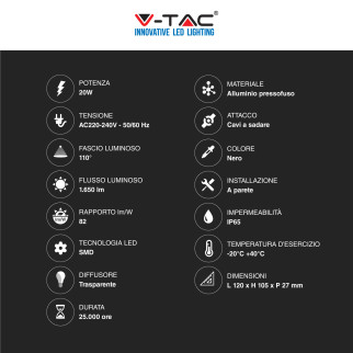 V-Tac VT-4924 Faro LED Floodlight 20W SMD IP65 Colore Nero -