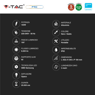 V-Tac VT-109 Faro LED Floodlight 100W Portatile SMD IP65 Chip