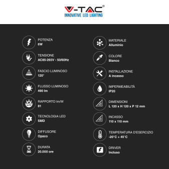 V-Tac VT-607 Pannello LED Quadrato 6W SMD da Incasso con Driver