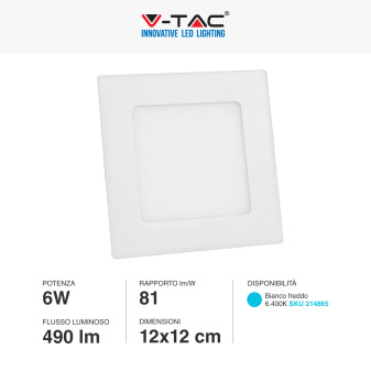 V-Tac VT-607 Pannello LED Quadrato 6W SMD da Incasso con Driver