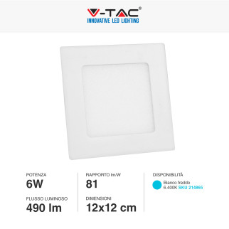 V-Tac VT-607 Pannello LED Quadrato 6W SMD da Incasso con Driver