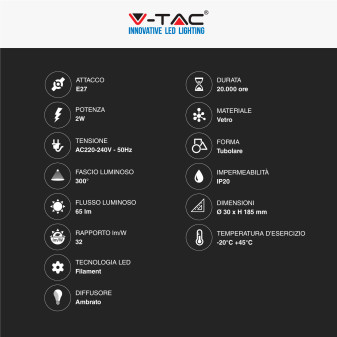 V-Tac VT-2162 Lampadina LED E27 2W Bulb T30 Tubolare SMD Art Filament in Vetro Ambrato - SKU 217473