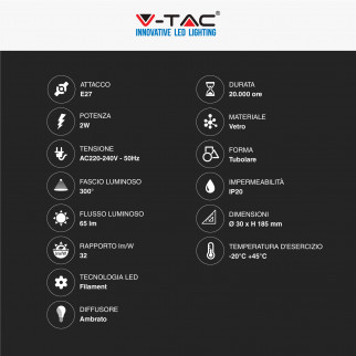 V-Tac VT-2162 Lampadina LED E27 2W Bulb T30 Tubolare SMD Art Filament in Vetro Ambrato - SKU 217473